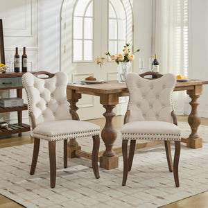 English Elm Velvet Upholstered Dining Chair with Handmade Tufting, Solid Wood Handles, Copper Nail Trim, Set of 2 Beige W1143P338140
