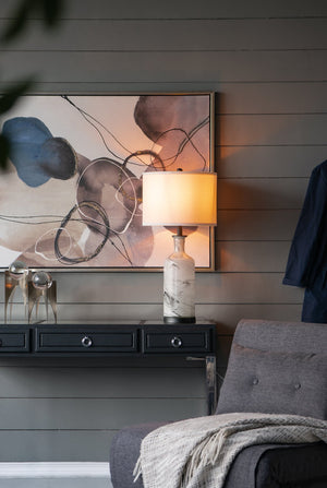 English Elm 14x14x28.5" Sarris Tall Glass Table Lamp - Gray & White Swirl Elegance with Linen Drum Shade, Modern Accent W2078P324067