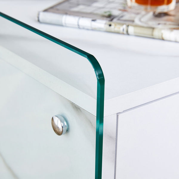 English Elm Double-drawer modern bedside table with MDF surface, tempered glass sides, elegant storage design W1151P191734