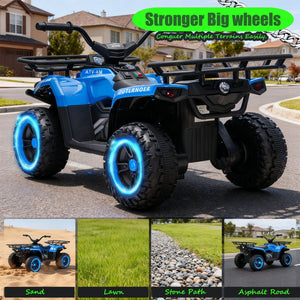 English Elm 24v Dual Motor Kids Atv Ride on with Led Lights Bluetooth Storage Racks Off Road Blue W1578P390449