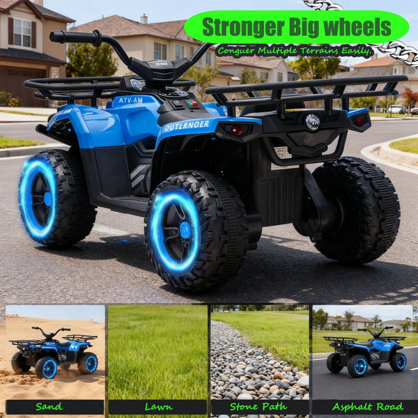 English Elm 24v Dual Motor Kids Atv Ride on with Led Lights Bluetooth Storage Racks Off Road Blue W1578P390449