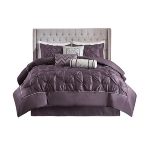 English Elm 7 Tufted Laurel Comforter Set Queen Deep Rich Hue Textured Pleated Design Includes Pillows Bedskirt Plum 23.43 L x 20.08 W x 15.75 H B03596872