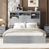 Queen Size Vintage Platform Bed,With Storage Headboard and Charging Station, Light Gray