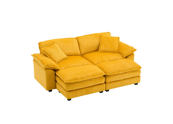 English Elm Corduroy Plush 2-Seat Sofa with 2 Back Cushions, Toss Pillows & Ottomans — Deep Seat Comfort Yellow W2363S00063