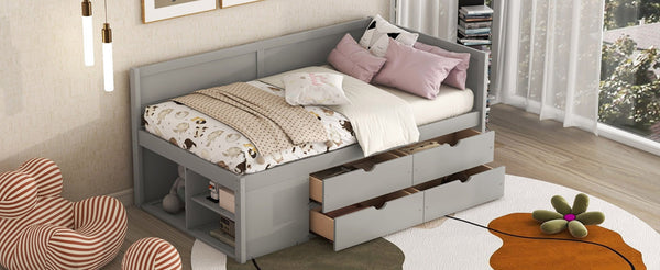 English Elm Twin Daybed with Two Pull Out Drawers and Open Shelves for Small Bedroom Storage Gray LP102022AAE