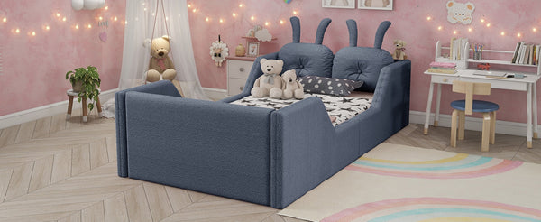 English Elm Twin Kids Platform Bed Teddy Fabric Upholstered with Bunny Cushions and Safety Rails Gray W2593P395809