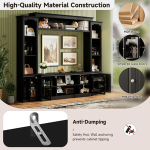 English Elm Entertainment Wall Unit with Glass Doors Open Shelving Mdf Living Room Storage Black N710S688102B