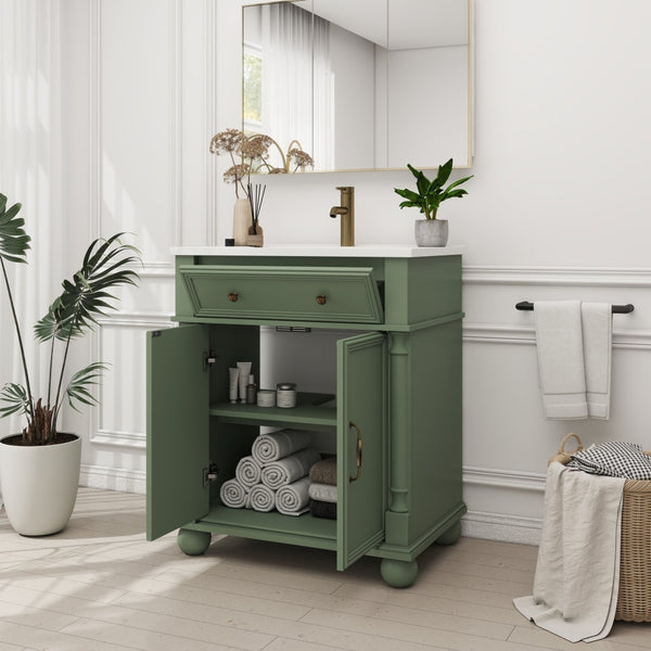 English Elm 27.8" Mid-century Freestanding Bathroom Vanity with Ceramic Sink Drawer and Wood Base Green W1801S00007