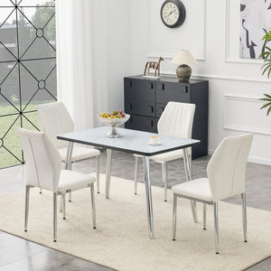 English Elm Table and Chair Set Marble Glass Top Silver Legs White Pu Seating for Modern Dining W1151S04646