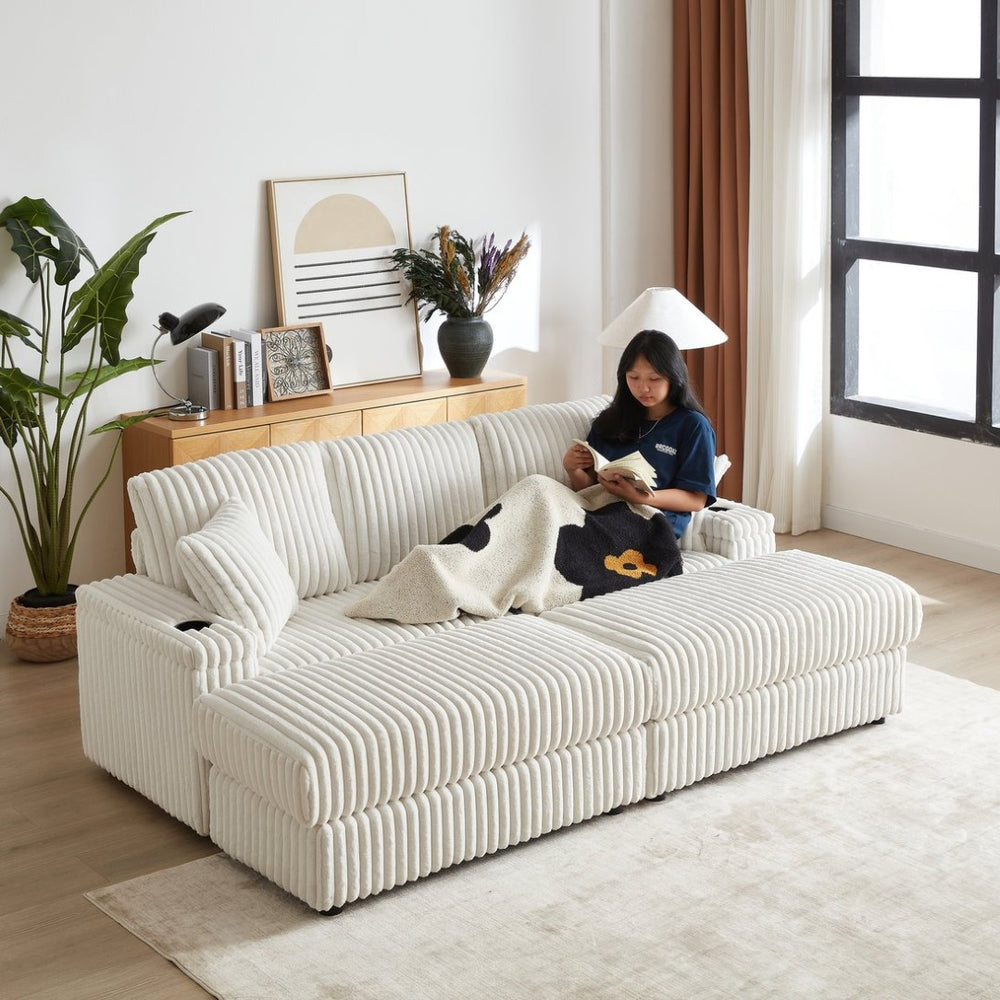 English Elm 84inch Corduroy Deep Seat Three Person Sofa with Storage Ottomans for Living Room Beige W834S00565