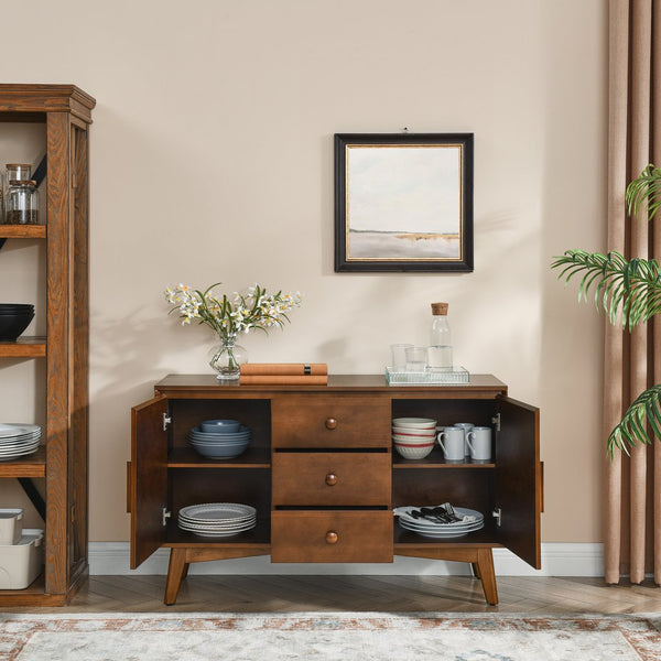 English Elm 47.3" Mid Century Modern Sideboard Buffet with 2 Doors 3 Drawers Walnut — Spacious Storage, Solid Wood Base, Stylish Console Table W1801P195696