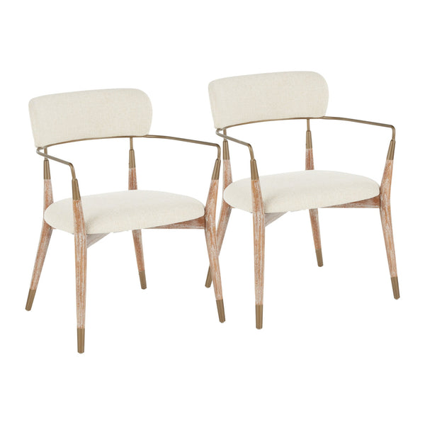 English Elm Savannah Whitewashed Wood Dining Chairs Set of 2 — Cream Upholstered Seats with Copper Accents, Contemporary Glam Finish B202P223650