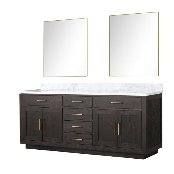 English Elm Brown Oak Double Bath Vanity With Carrara Marble Top, Soft-Close Drawers & 2 Frameless Mirrors B2731S01543