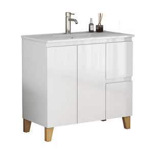 English Elm 36-inch Glossy White Bathroom Vanity with Ceramic Sink Soft Close Drawers Minimalist W3151S00068
