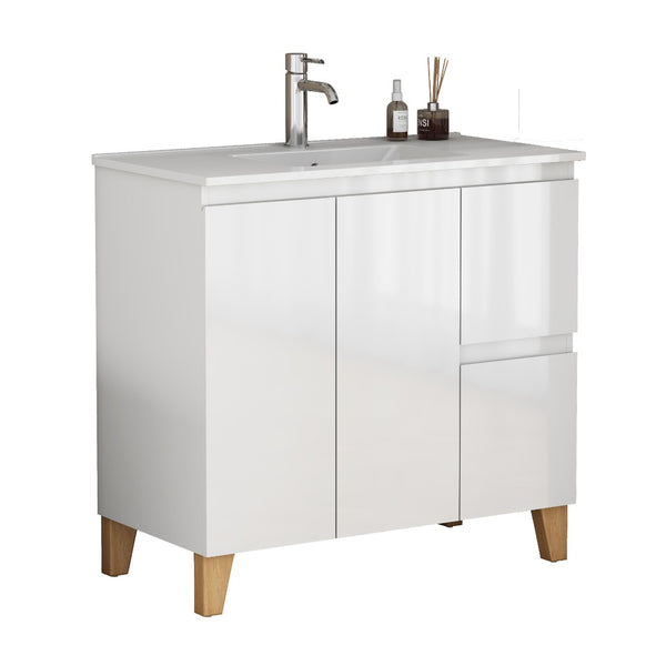 English Elm 36-inch Glossy White Bathroom Vanity with Ceramic Sink Soft Close Drawers Minimalist W3151S00068
