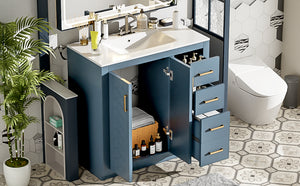 English Elm 36'' Bathroom Vanity with Ceramic Sink Combo Solid Wood Frame Soft-Closing Drawers Ample Storage Elegance Indigo N710P243327M
