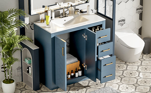 English Elm 36'' Bathroom Vanity with Ceramic Sink Combo Solid Wood Frame Soft-Closing Drawers Ample Storage Elegance Indigo N710P243327M