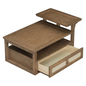 English Elm VIBE Rustic Rattan Coffee Table with 2 Tabletops, Adjustable Shelf and Spacious Drawer for Living Room Dark Brown N724P232190D
