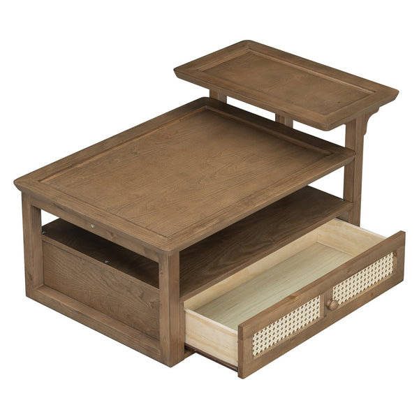 English Elm VIBE Rustic Rattan Coffee Table with 2 Tabletops, Adjustable Shelf and Spacious Drawer for Living Room Dark Brown N724P232190D