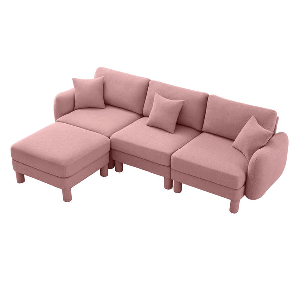 English Elm Boucle Fabric L-Shaped Sectional Sofa With Shell Armrests & Removable Ottoman In Soft Pink Elegance W3041S00293