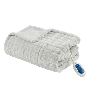 JLA Home Beautyrest - Oversized Plush Faux Fur Heated Throw with Secure Comfort, Low EMF, OEKO‑TEX, Machine Washable Grey Texture BR54-4698