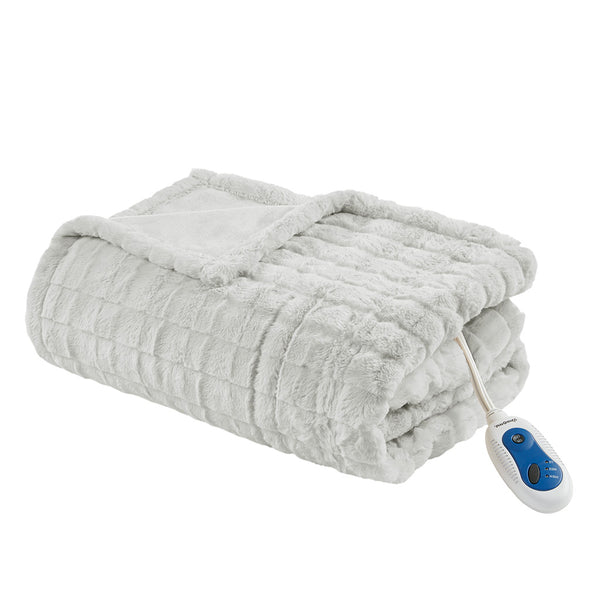 JLA Home Beautyrest - Oversized Plush Faux Fur Heated Throw with Secure Comfort, Low EMF, OEKO‑TEX, Machine Washable Grey Texture BR54-4698