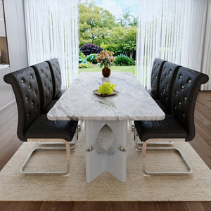 English Elm Modern White Faux Marble 7 Piece Dining Set Tufted Pvc Chairs for Kitchen Black,Grey W3875S00060