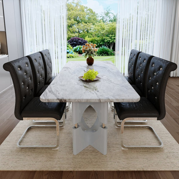 English Elm Modern White Faux Marble 7 Piece Dining Set Tufted Pvc Chairs for Kitchen Black,Grey W3875S00060