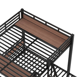 English Elm Twin Triple Bunk Bed Black Metal Frame with Built-in Storage Stairs and Shelves W1580S00620