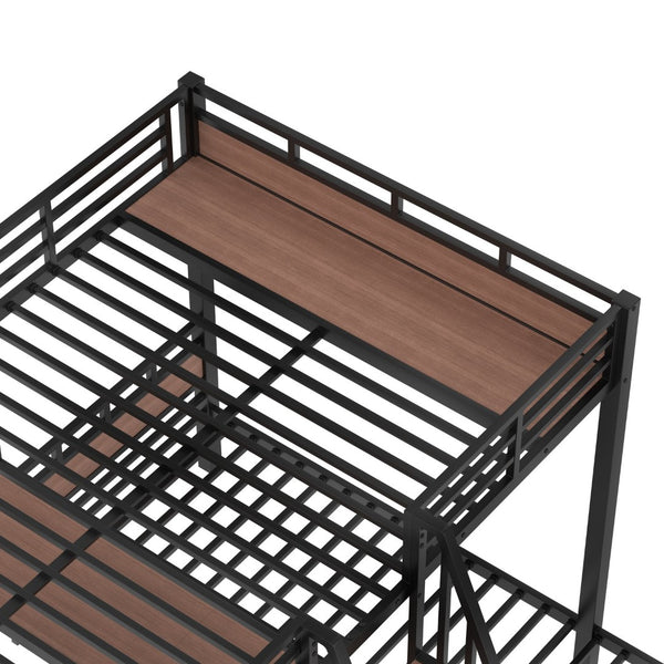 English Elm Twin Triple Bunk Bed Black Metal Frame with Built-in Storage Stairs and Shelves W1580S00620