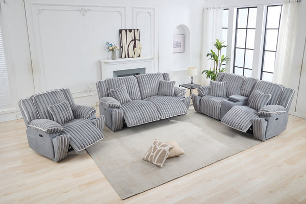 English Elm M079 Power Reclining Sofa Set – Grey Fabric Loveseat, Single Recliner & Usb Charging Convenience W1805S00104