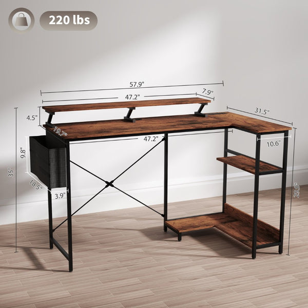 English Elm Computer L Shaped Corner Desk with Rgb Lighting Built in Charging and Monitor Riser T3971P411724
