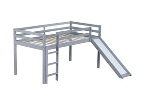 English Elm Twin Low Loft Bed with Slide and Ladder for Kids, Rubberwood Frame, Safety Guardrails & Playspace Grey W504P218522