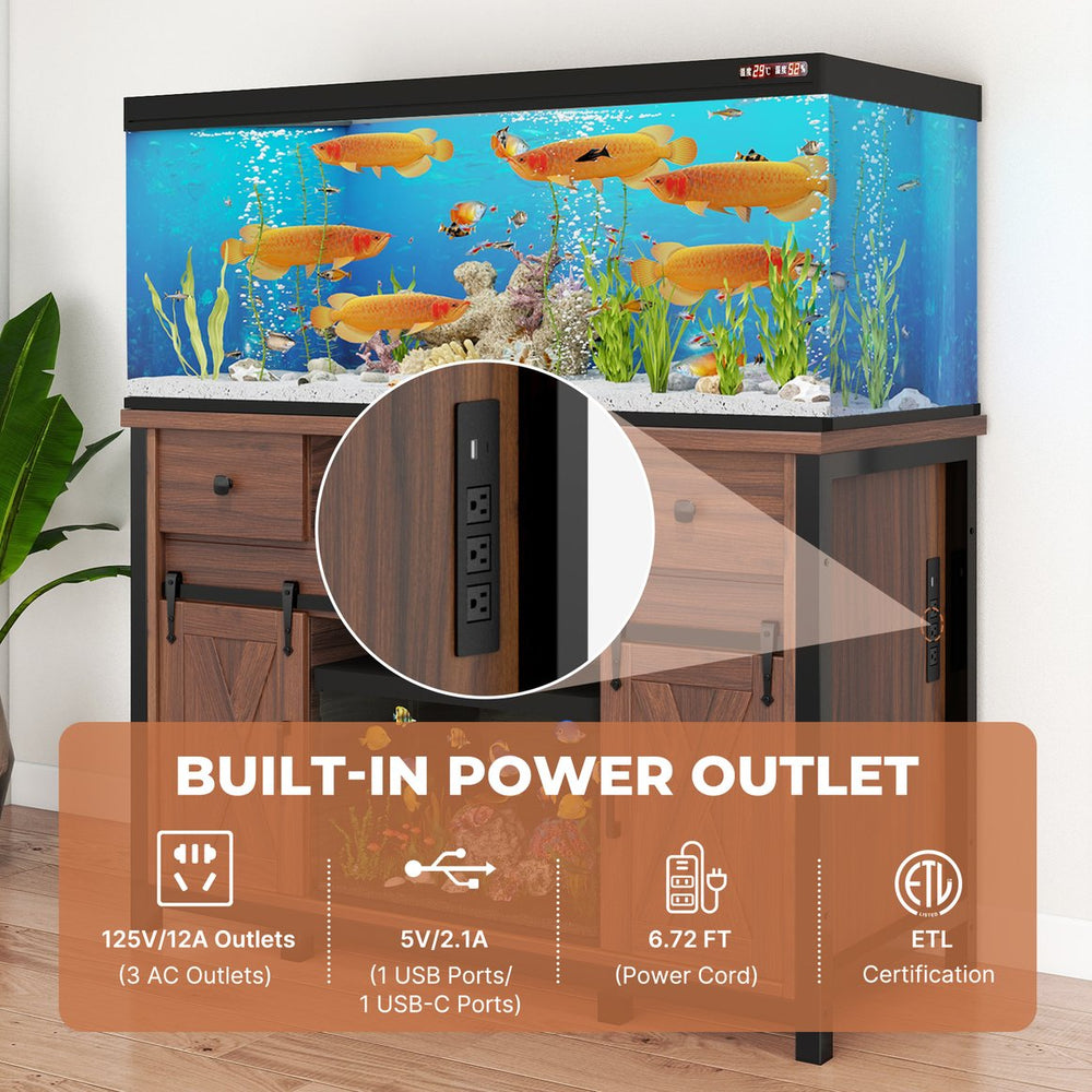 English Elm 55-75 Gallon Fish Tank Stand with Built-In Power Hub, 800 lb Heavy-Duty Support, Rustic Farmhouse Storage Light Brown T3950P401153