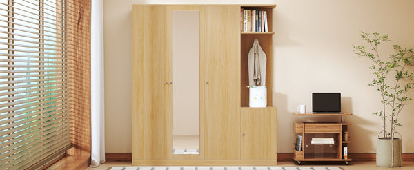 English Elm 4-Door Wardrobe with Full-Length Mirror, Dust-Proof Compartments, Shoe Door & Anti-Tip Safety Features Natural N820S00056N