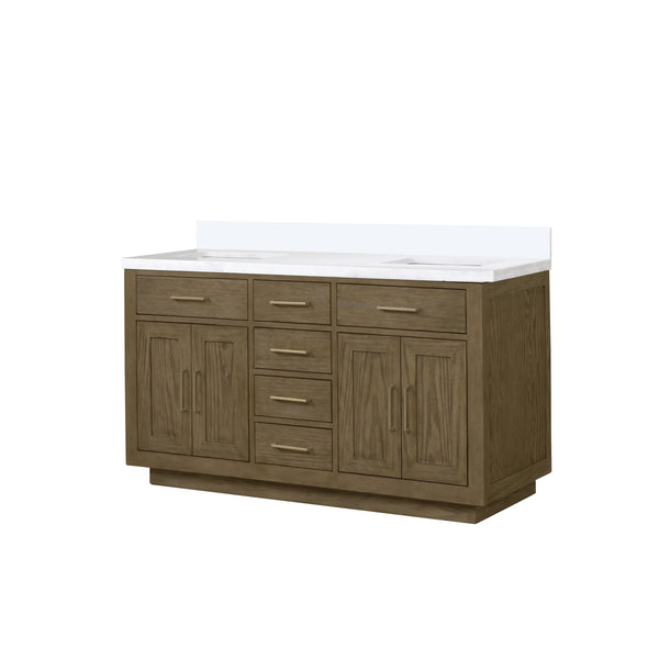 English Elm Grey Oak Double Bath Vanity 60" W X 22" D With Elegant White Quartz Top And Ample Storage Solutions B2731P257745