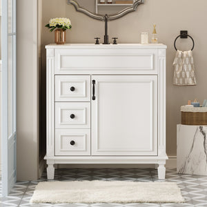 English Elm 30" French-Inspired Bathroom Vanity With Ceramic Sink & Dual Drawers - Elegant Storage Solution! N710P323328K