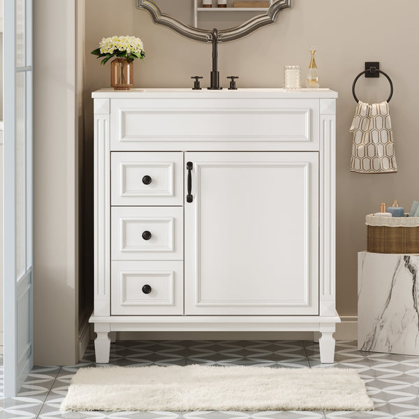English Elm 30" French-Inspired Bathroom Vanity With Ceramic Sink & Dual Drawers - Elegant Storage Solution! N710P323328K