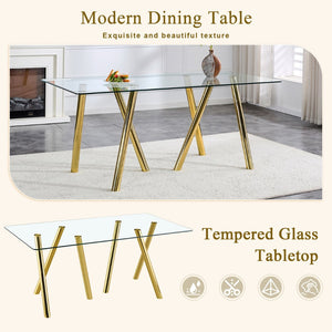 English Elm 71-inch Tempered Glass Dining Table Electroplated Metal Base Open Airy Modern Style Gold W3875S00006