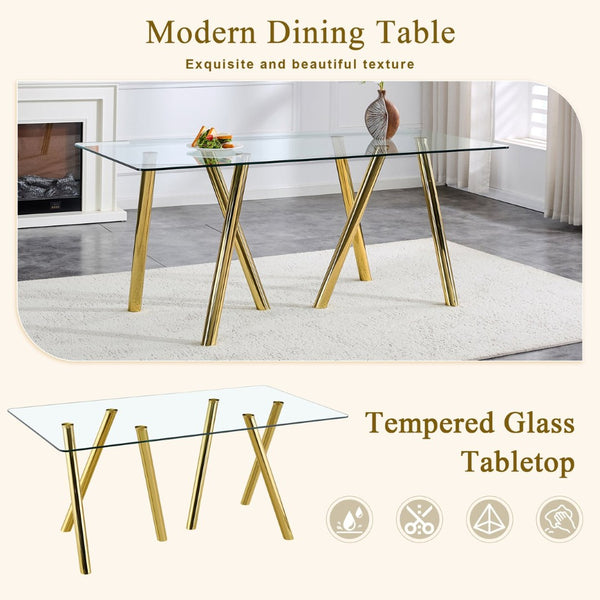 English Elm 71-inch Tempered Glass Dining Table Electroplated Metal Base Open Airy Modern Style Gold W3875S00006