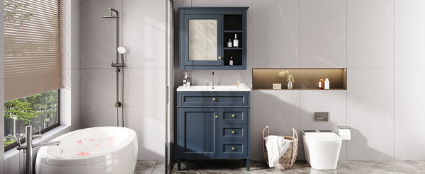 English Elm 30'' Bathroom Vanity Set With Mirror & Storage – Modern Freestanding Design, Ceramic Sink & Drawers SW000127AAC-1