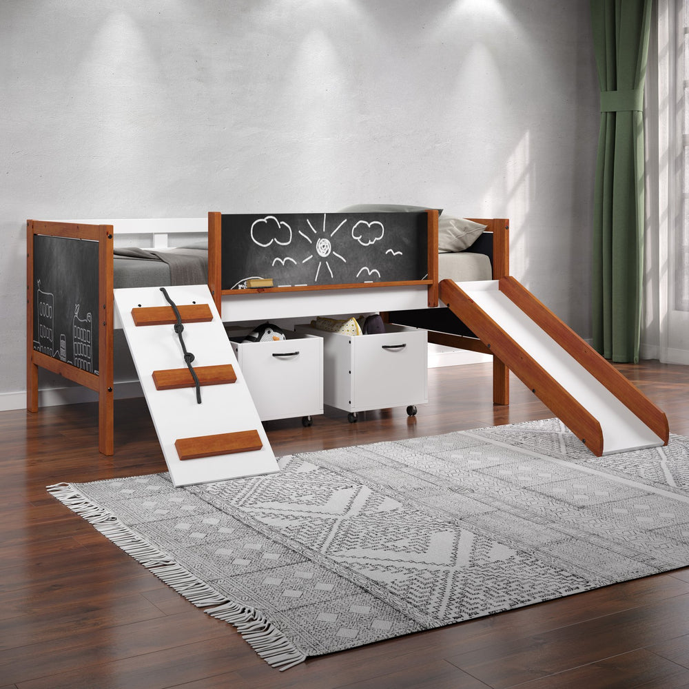 English Elm Cherry Cherry Oak and White Twin Loft Bed with Slide, Left Ladder, Blackboard Panels, 13-Slat Support B062S00462