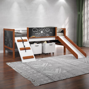 English Elm Cherry Cherry Oak and White Twin Loft Bed with Slide, Left Ladder, Blackboard Panels, 13-Slat Support B062S00462