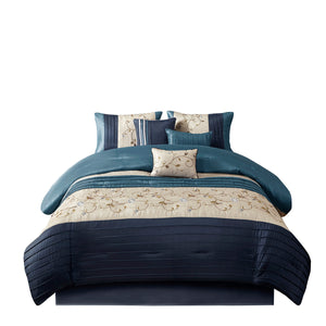 English Elm Embroidered 7-Piece Navy King Comforter Set With Floral Design & Decorative Pillows For Elegance B03596945