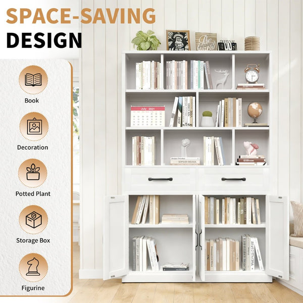 English Elm 71" Tall Metal Bookcase with Open Shelves Drawers and Cabinet Doors for Modern Office T2398S00002