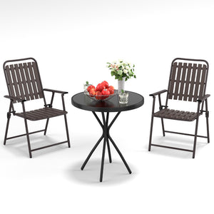 English Elm 3-piece Outdoor Bistro Set Foldable Slatted Chairs Tempered Glass Table Weather Resistant Antique Brown W3979S00011