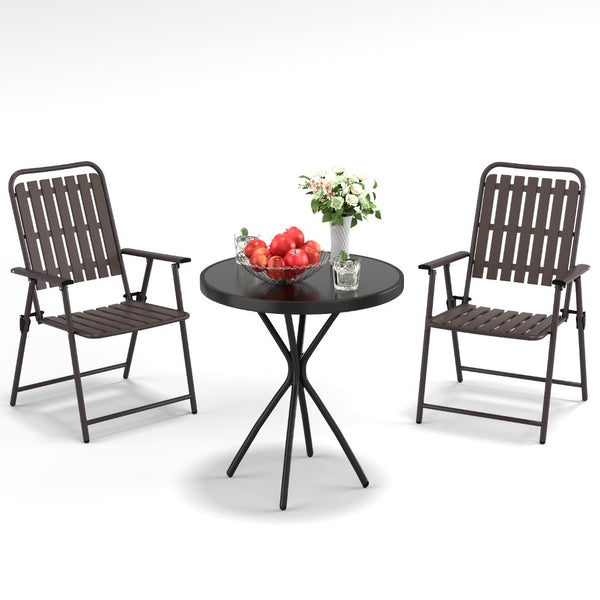 English Elm 3-piece Outdoor Bistro Set Foldable Slatted Chairs Tempered Glass Table Weather Resistant Antique Brown W3979S00011