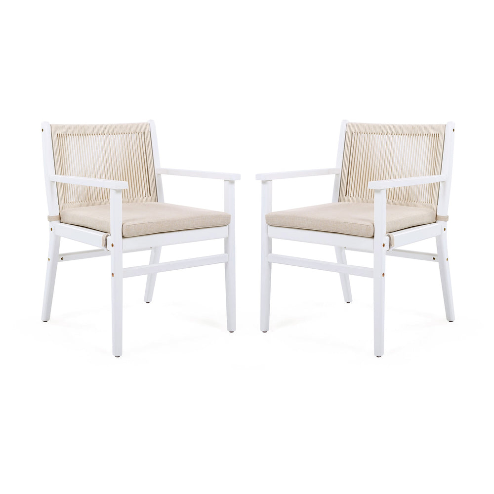 English Elm Christopher Knight Home® - Outdoor Acacia Wood Dining Chairs Set of 2 with Woven Rope Back, Waterproof Cushions, 400lb Capacity Beige+White N779P224995W