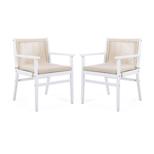 English Elm Christopher Knight Home® - Outdoor Acacia Wood Dining Chairs Set of 2 with Woven Rope Back, Waterproof Cushions, 400lb Capacity Beige+White N779P224995W