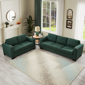 English Elm Two Two-Piece 5-Seater Sofa Set with Cup Holder & Storage, Polyester Upholstery, Solid Wood Frame, Coil Spring Seats, Removable Covers, Modern Square Arm Design for Living Room Comfort and Durability Green W1097S00197